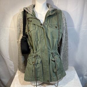 Forever Flower Olive Utility Jacket Knit Sleeves Hooded‎ | L